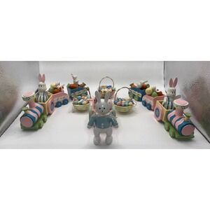 Vintage 1992 Dakin Silvestri Wooden Easter Train Bunny Basket Decor Set Pastel